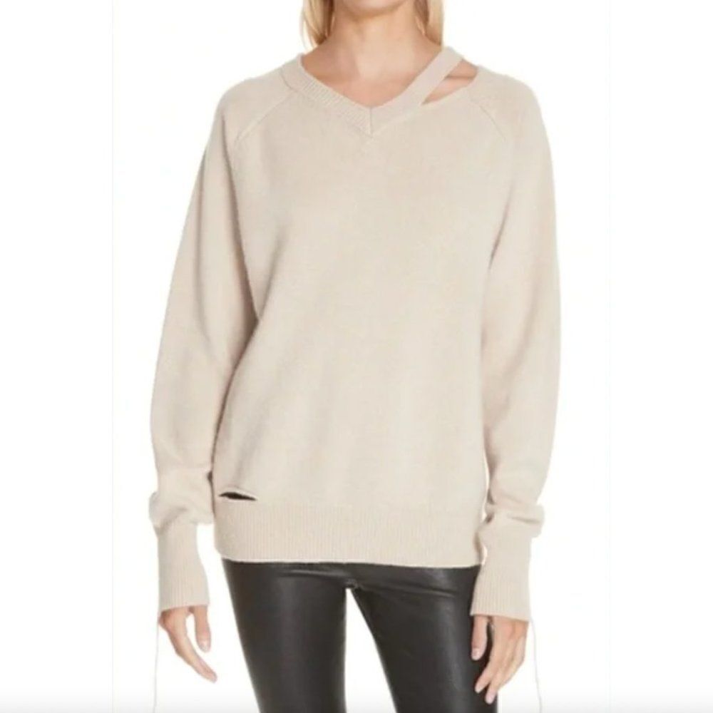 Helmut Lang Distressed V-Neck Sweater Wool Cashmere Raglan Sleeve Tan Women's L